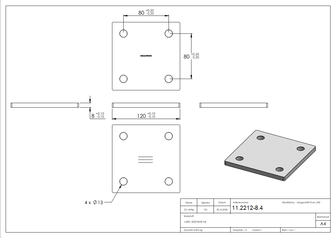 Ankerplatte Masse- 120 x 120 x 8 mm mit 4 Bohrungen á Ø 13 mm V2A-11-2212-8.4