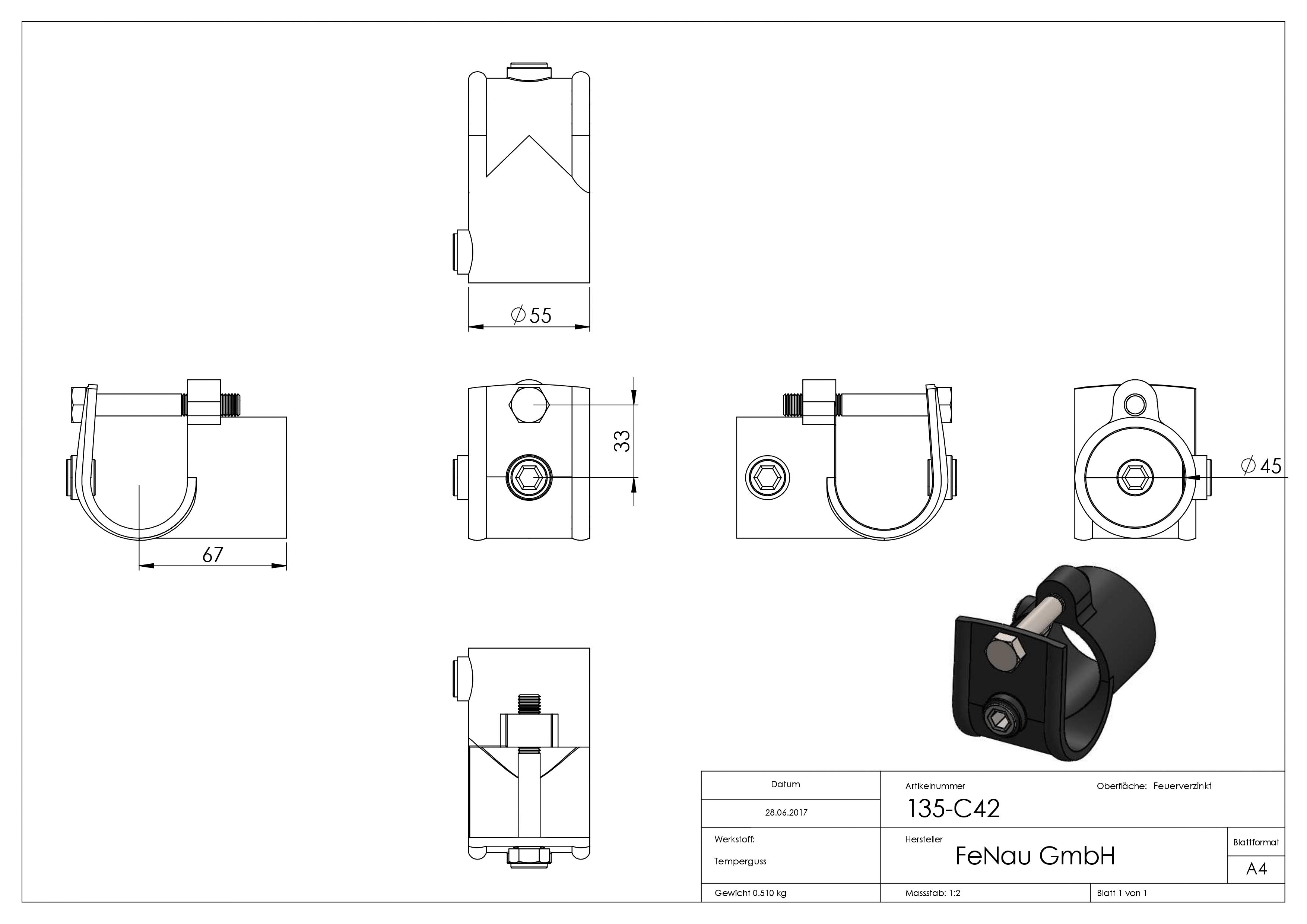 Rohrverbinder - T-Stueck offen - 135C42 - 42-4 mm - 1 1-4- - Feuerverzinkt u. Elektrogalvanisiert-135C42