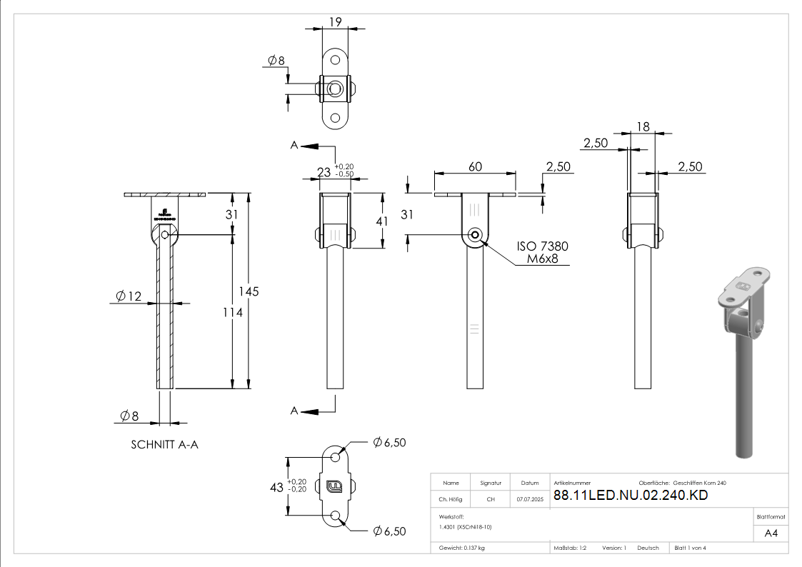 Gelenkstift V2A Ø12 mm L 145 mm fuer LED Nutrohr Kabeldurchfuehrung Ø12-2 mm-88-11LED-NU-02-240.KD