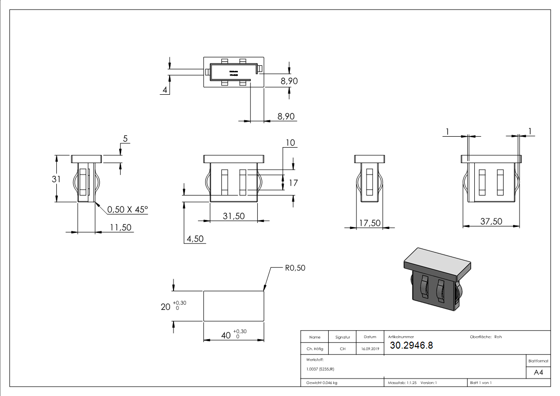 Stahlstopfen flach - fuer Rohr 40x20x1-5-2-0 mm - Stahl S235JR- roh-30-2946.8