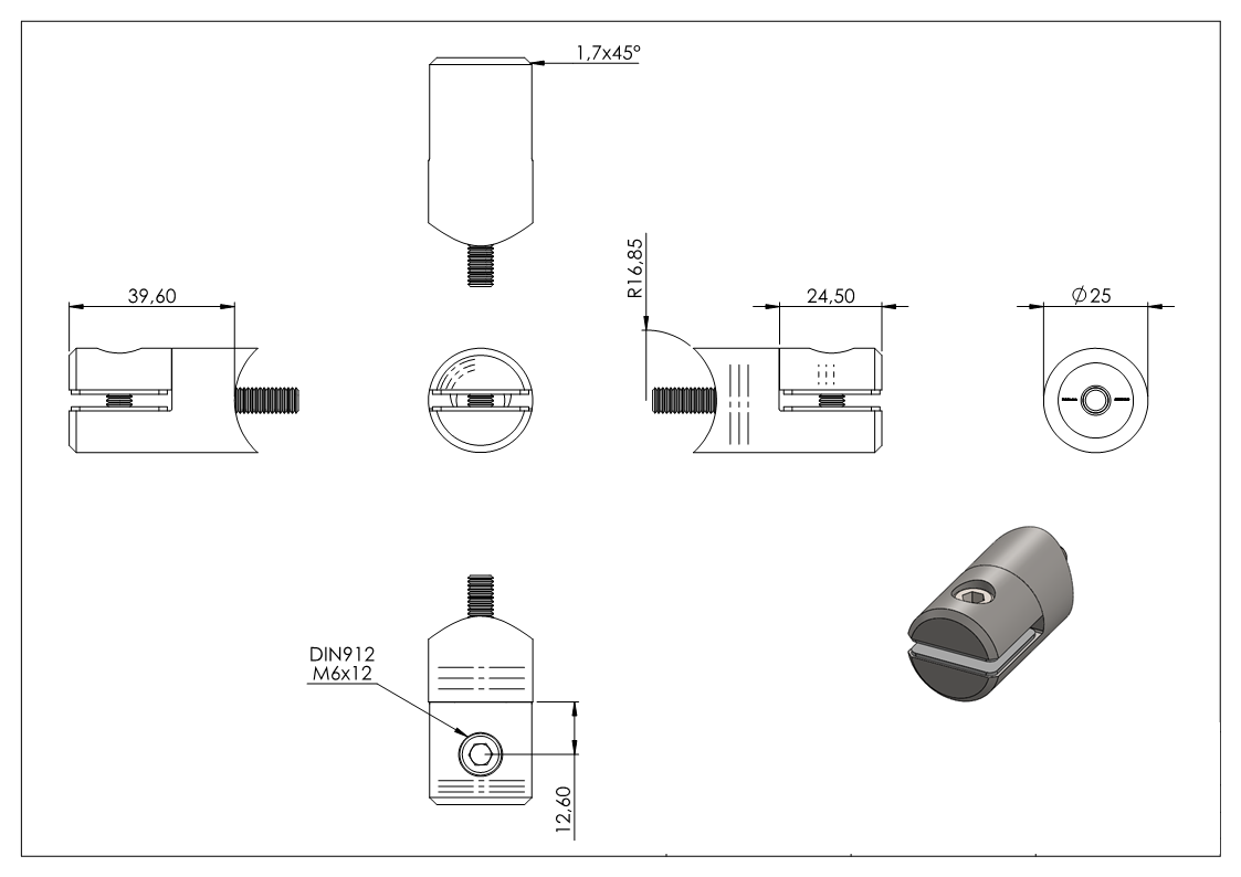 Blechhalter - Plattenhalter Ø 25 mm Edelstahl V2A – Anschluss 33-7 mm ohne Befestigungsschraube-12-2101-A.4