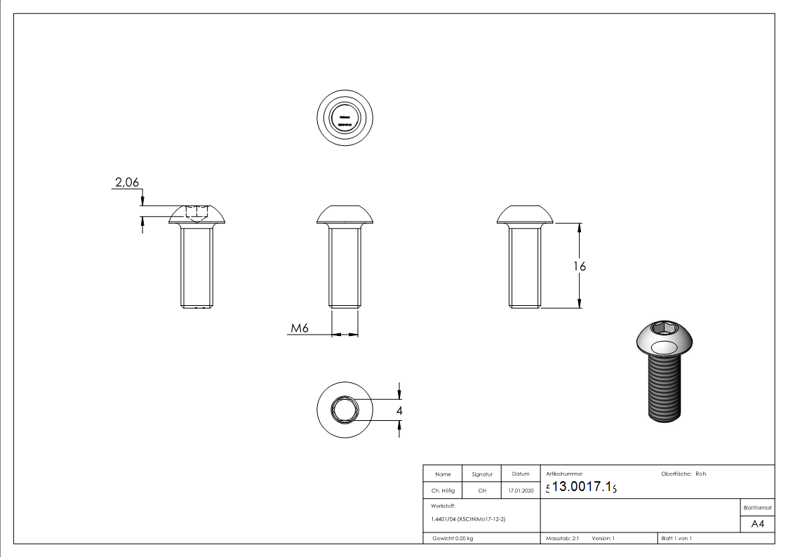 Rundkopfschraube M6x16 mm V4A-13-0017.1