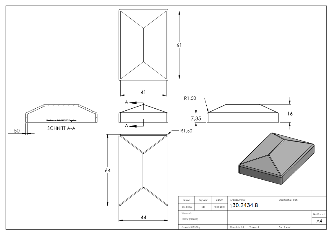 Pfeilerbedecker - fuer Rechteckrohr - Masse- 60x40 mm - Stahl S235JR- roh-30-2434.8