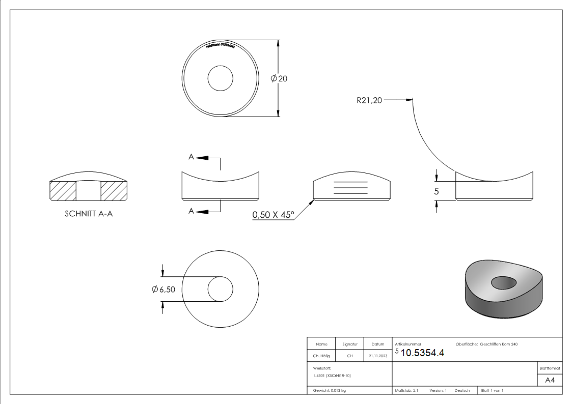 Ausgleichsstueck Ø 20 mm fuer Rundrohr Ø 42-4 mm V2A-10-5354.4
