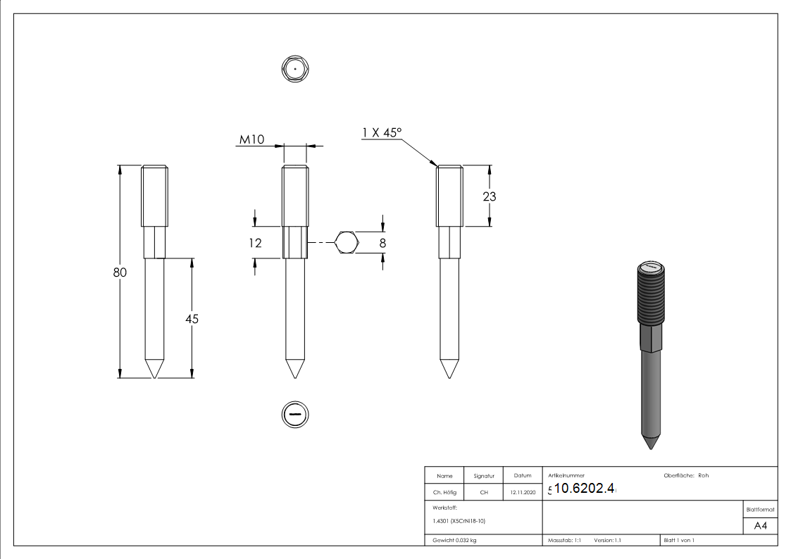 Stockschraube V2A Edelstahl M10x80 mm Holzgewinde-10-6202.4