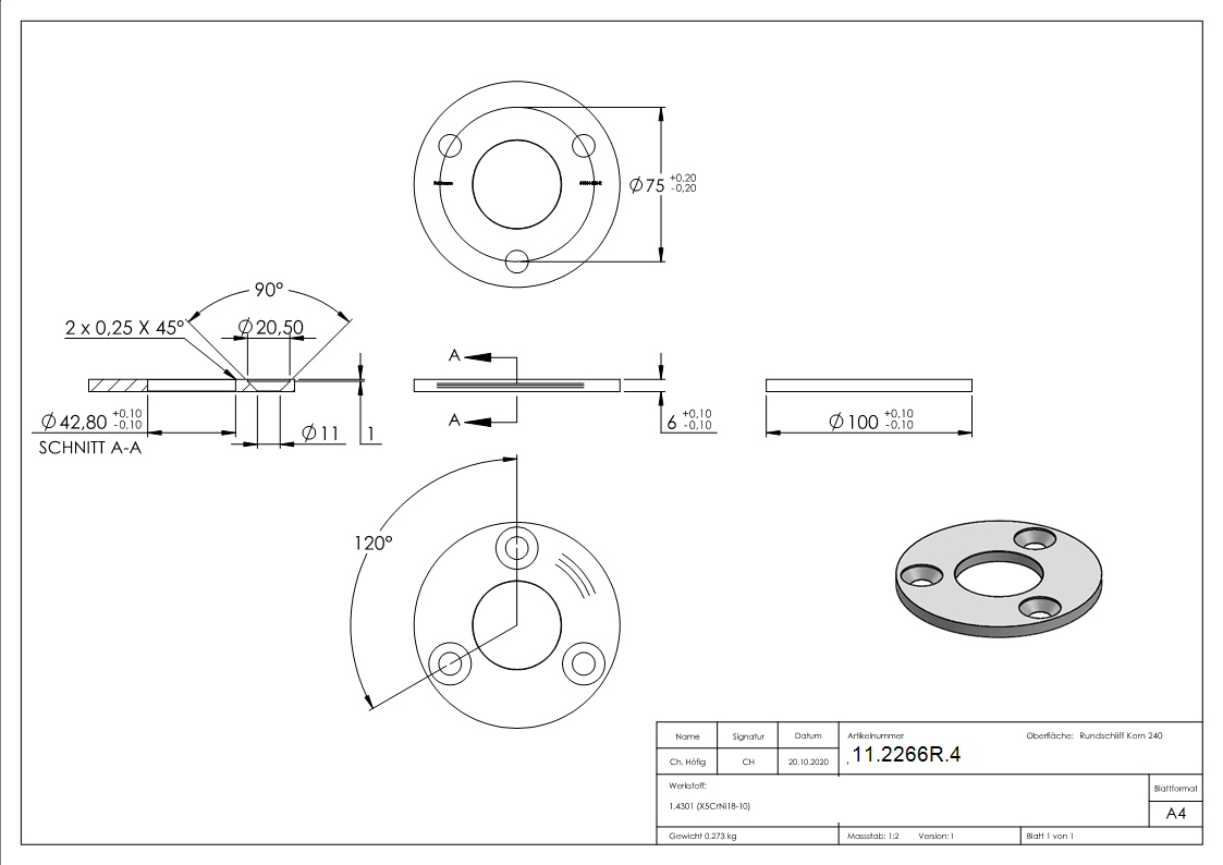 Ankerplatte Masse- 100x6 mm mit Rundschliff und Mittelbohrung V2A-11-2266R.4