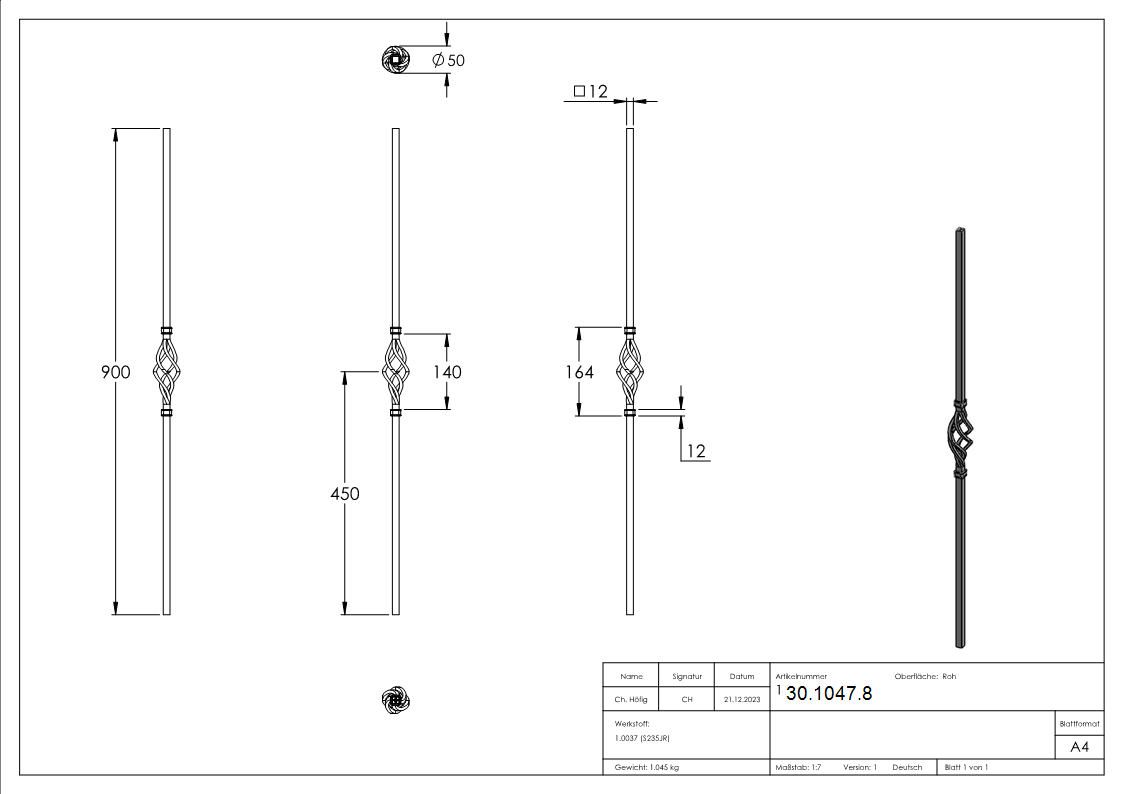 Zierstab - Laenge- 900 mm - Material- 12x12 mm - glatt - Stahl -Roh- S235JR-30-1047.8