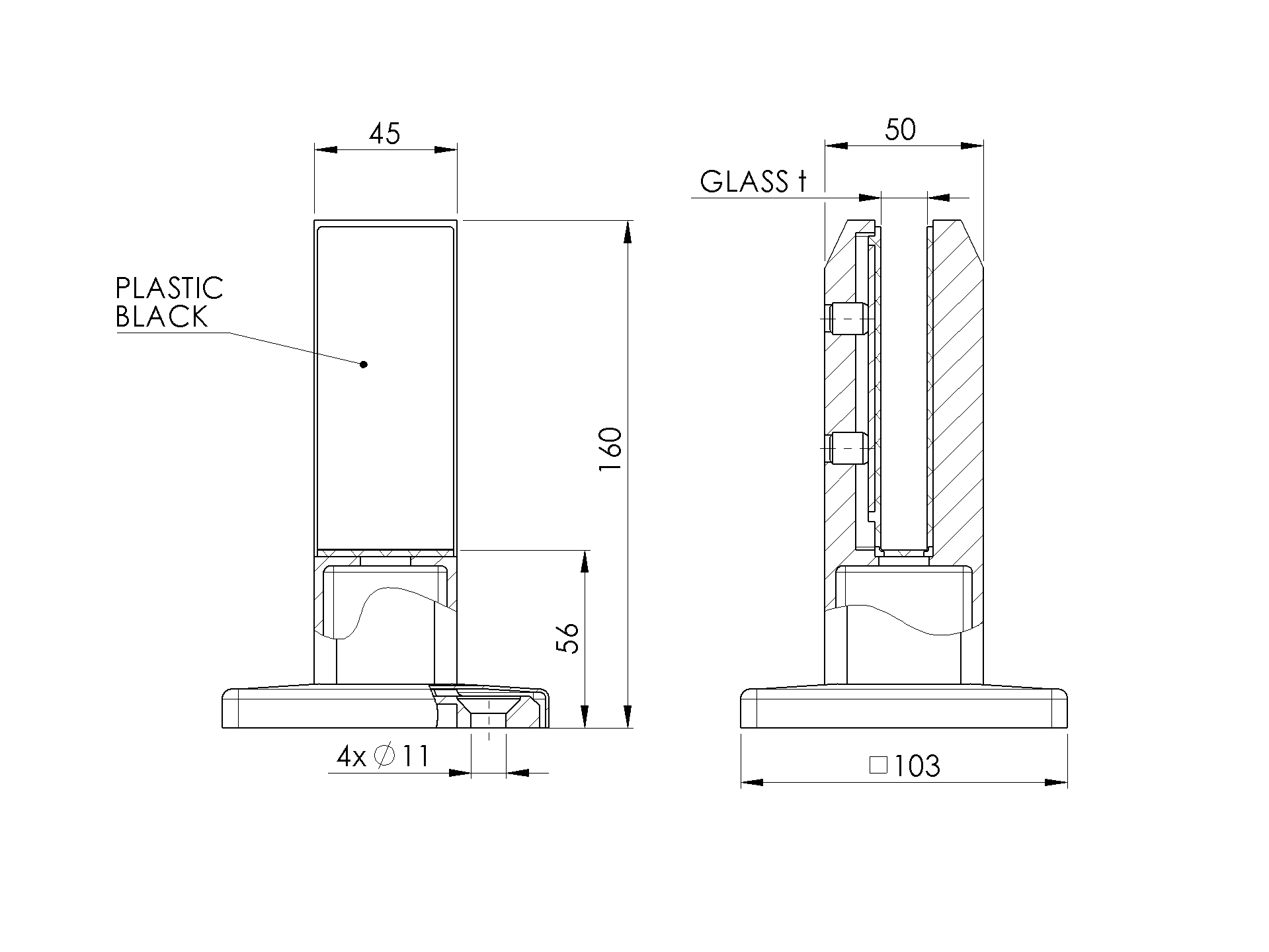 Spigot Edelstahl AISI 316 fuer Glas 12-13-50 mm ohne Glasbohrung Bodenmontage-89-11A146220014-A.4