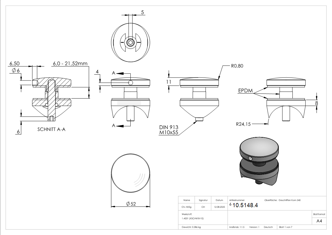 Glaspunkthalter Ø 52 mm- V2A- Anschluss- Rohr Ø 48-3 mm-10-5148.4