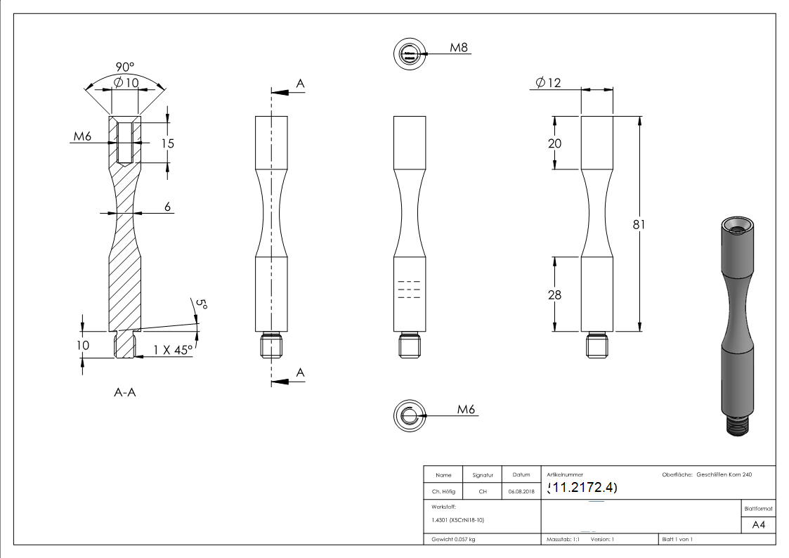 Edelstahl Traegerstift zum Biegen Ø 12 x 81 mm - mit Aussen- - Innengewinde -V2A-11-2172.4