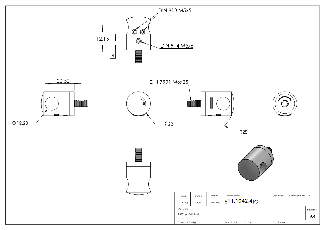 Querstabhalter V2A Edelstahl – Anschluss FLACH passend fuer Rundstaebe 12 mm zum Verbinden -Stoss- inkl- Schrauben-11-1042.4