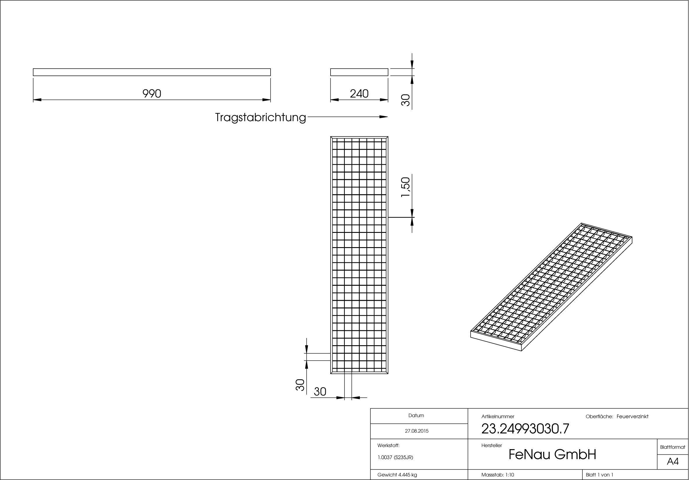 Garagen-Gitterrost - Masse-  240x990x30 mm 30-30 mm - aus S235JR -St37-2- im Vollbad feuerverzinkt-23-24993030.7