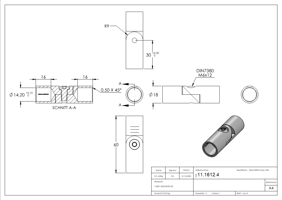 Rundstabverbinder V2A Ø 14 mm mit Gelenk 0-100°-11-1612.4