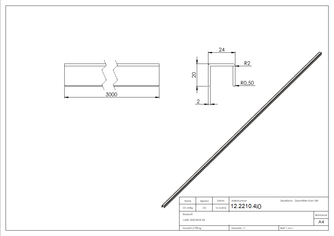Kantenschutz - Masse- 24x20x2 mm - Laenge- 3000 mm - V2A-12-2210.4