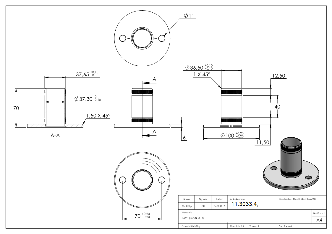 Wand- und Bodenanker mit Raendelung  Masse- Ø 100x6mm fuer Rohr Ø 42-4x2-6 mm - V2A-11-3033.4