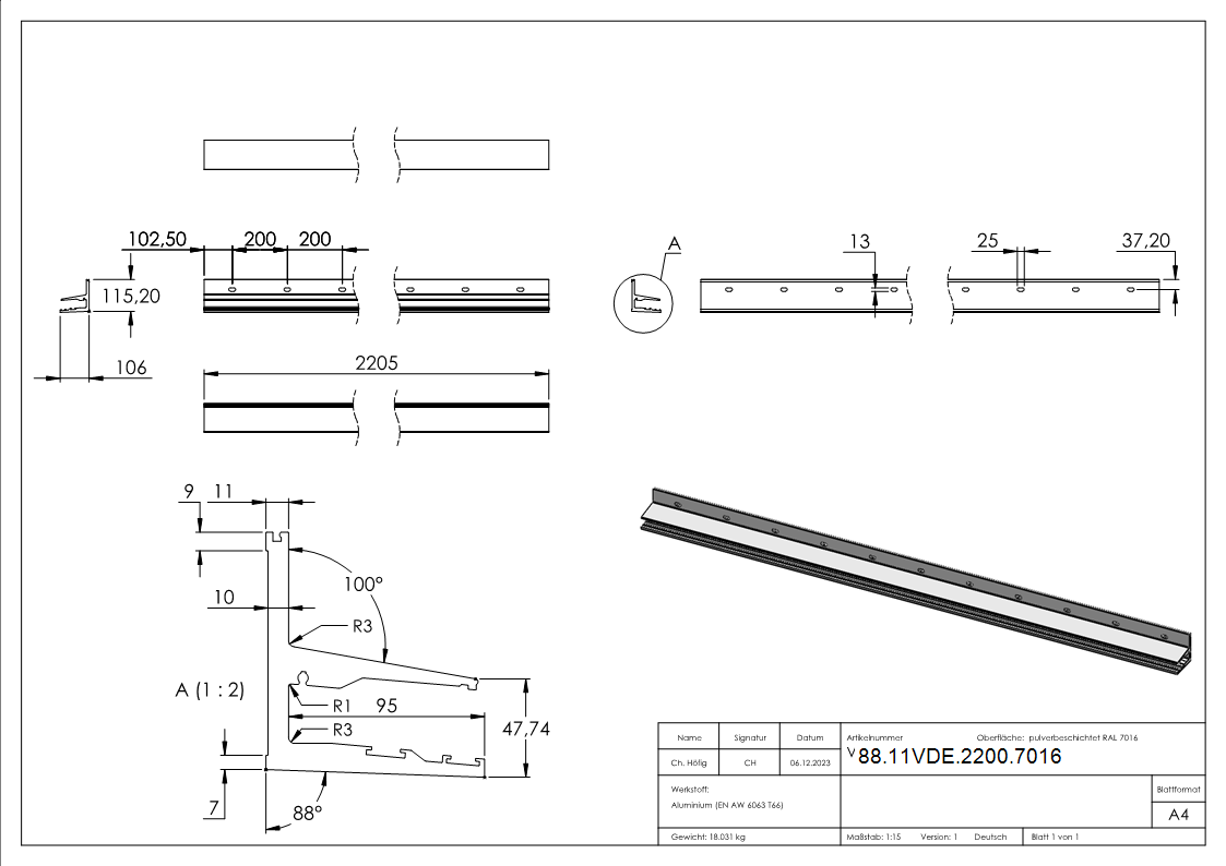 Vordachprofil eleganza canopy- L- 2205mm- RAL7016-88-11VDE-2200.7016