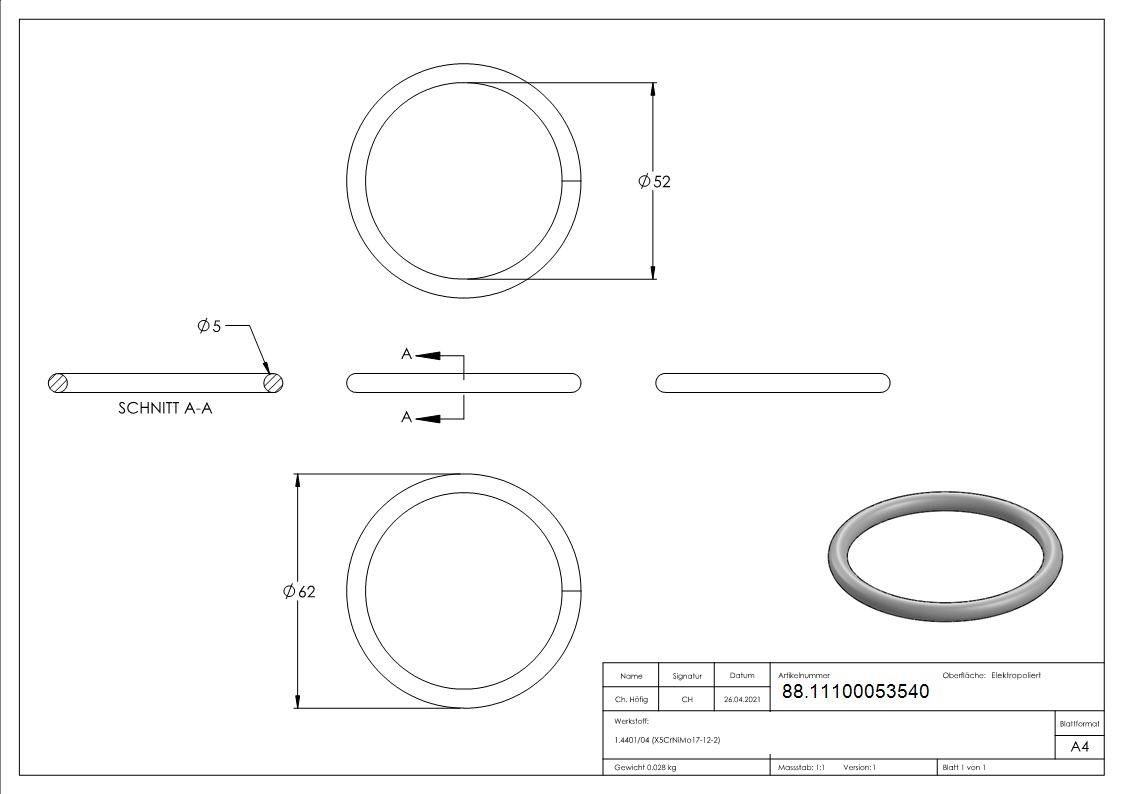 Ring Edelstahl V4A Ø 62 mm- 5 mm Materialstaerke- verschweisst elektropoliert-88.11100053540