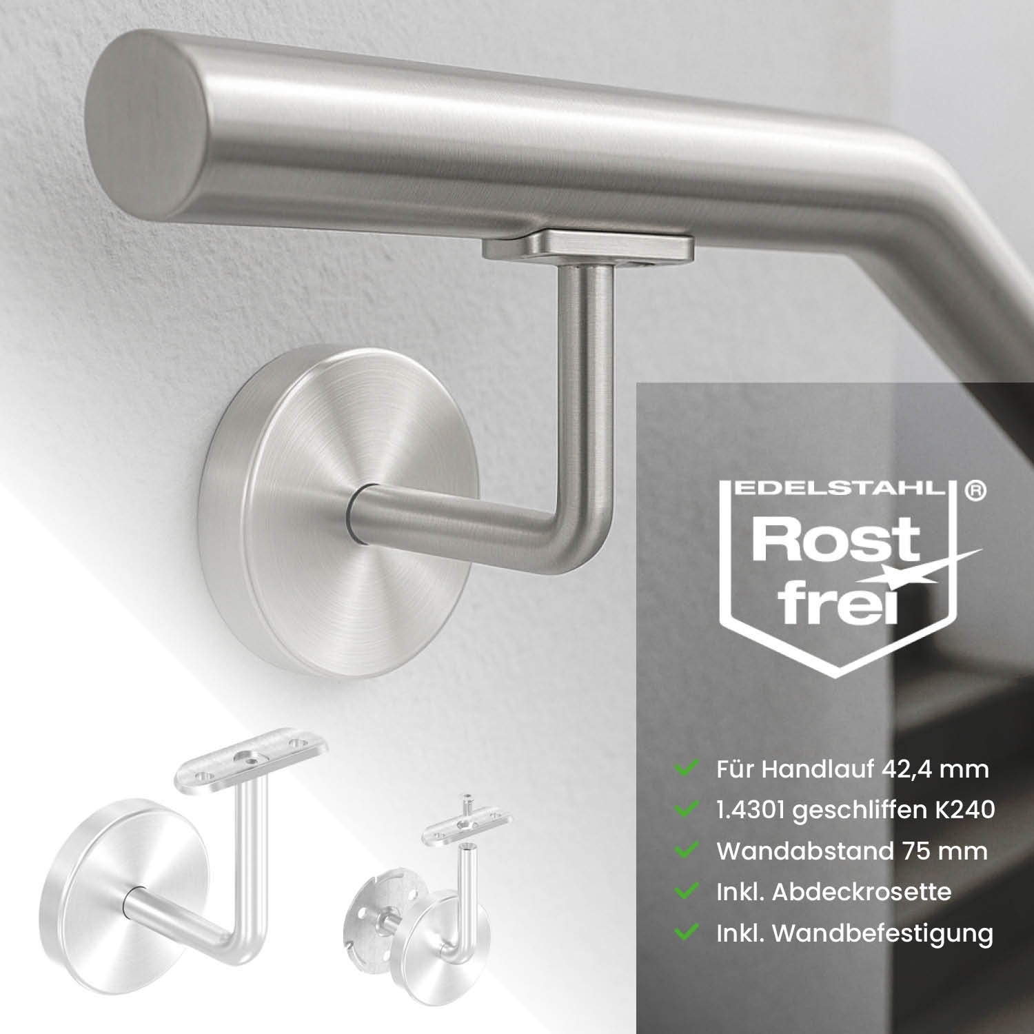 Handlaufhalter aus Edelstahl V2A – fuer Ø 42-4 mm Handlauf - mit Halteplatte zum Anschrauben-11-2081-A.4