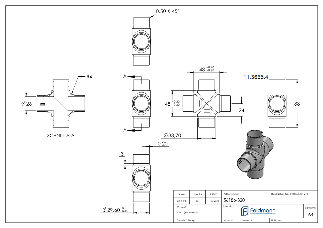 Kreuzstueck V2A fuer Rohr 33-7 x 2-0 mm zum Stecken-11-3655.4