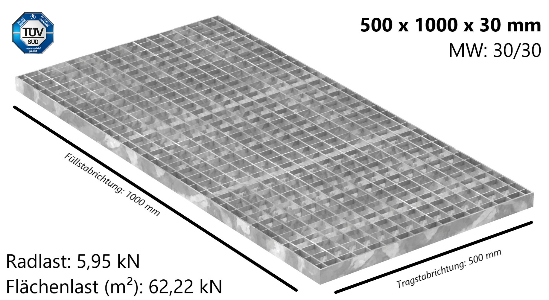 Industrie-Gitterrost - Masse- 500x1000x30 mm; MW 30-30 mm; 30-3 mm - S235JR -St37-2- im Vollbad feuerverzinkt-21-5010030303.7