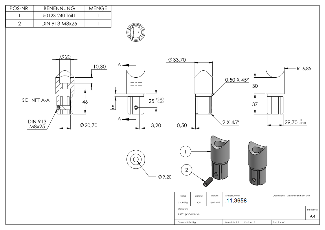 Anschlussstueck 90° V2A fuer Rohr Ø 33-7 mm mit Klemmschraube-11.3658