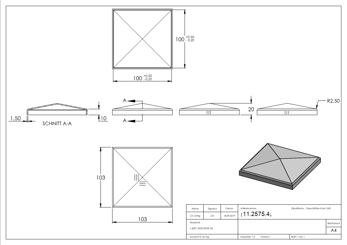 Pfostenkappe Edelstahl fuer Vierkantrohr- 100x100 mm geschliffen V2A-11-2575.4