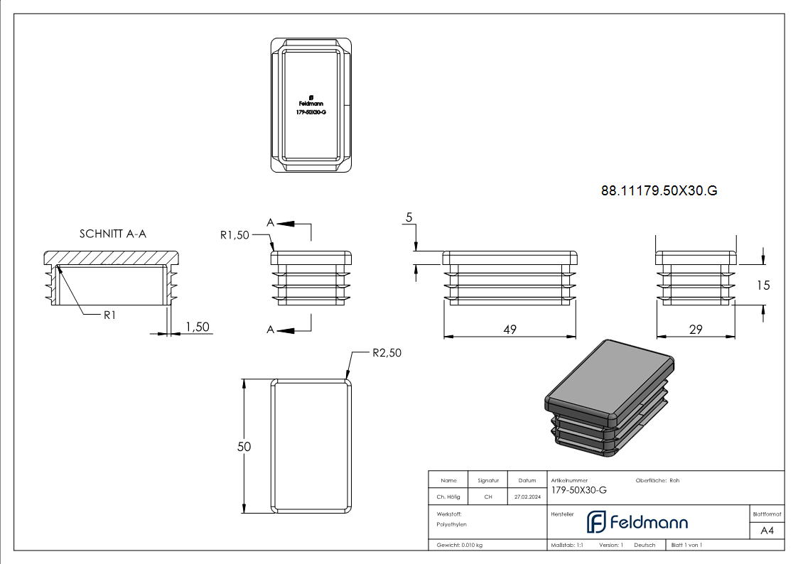 Kunststoffkappe fuer Rechteckrohr 50x30mm-88-11179-50X30.G