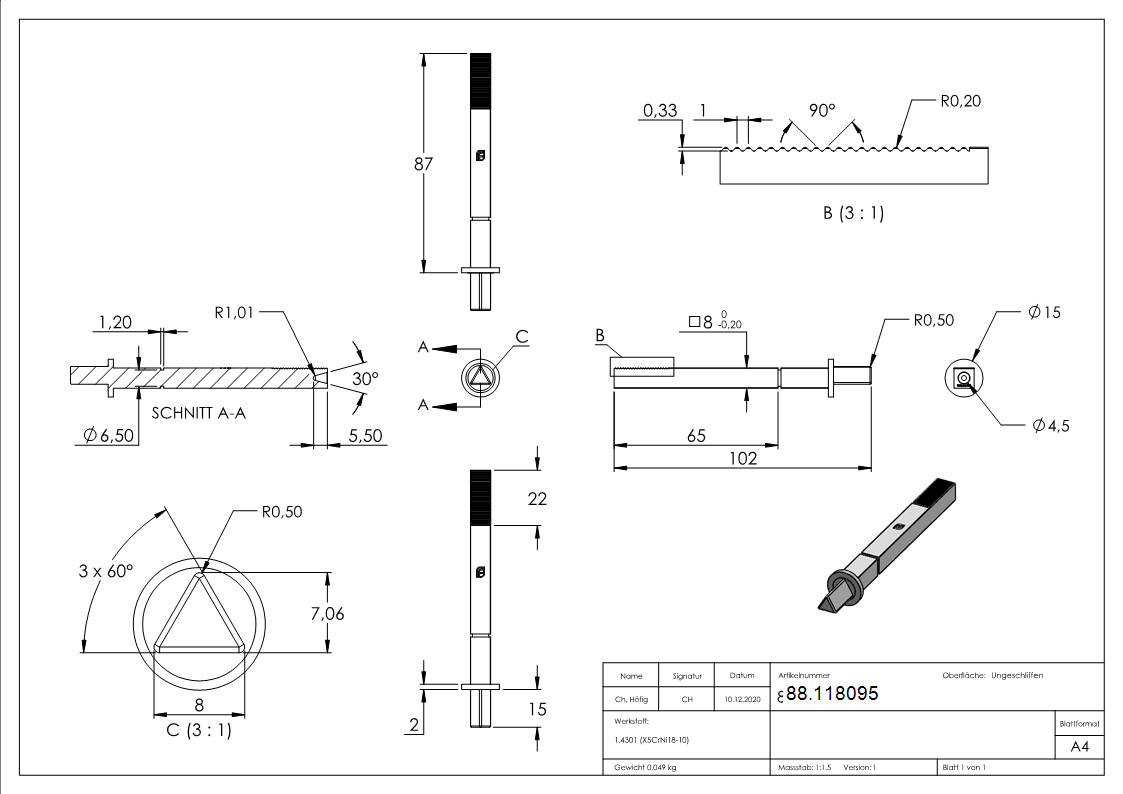 Spezialstift fuer Muellraeume mit Dreikant-88.118095