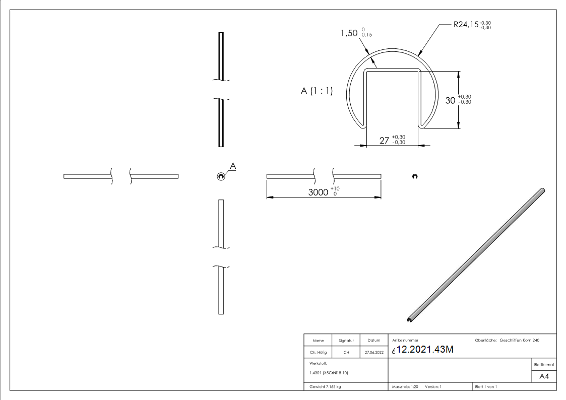 Nutrohr Ø 48-3x1-5 mm mit Nut- 27x30 mm Laenge- 3000 mm V2A Edelstahl-12-2021.43M