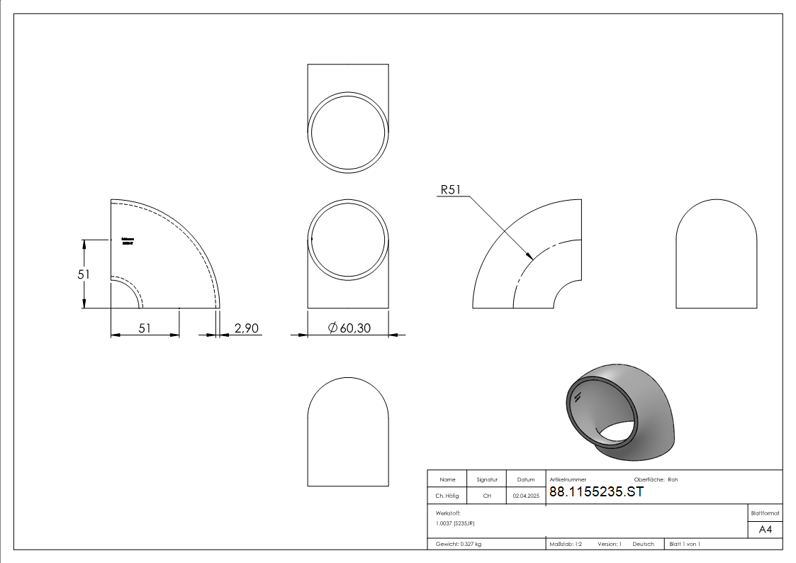 Rohrbogen 90° Stahl roh - 60-3 x 2-9 mm -2- - Bauart 2-88-1155235.ST