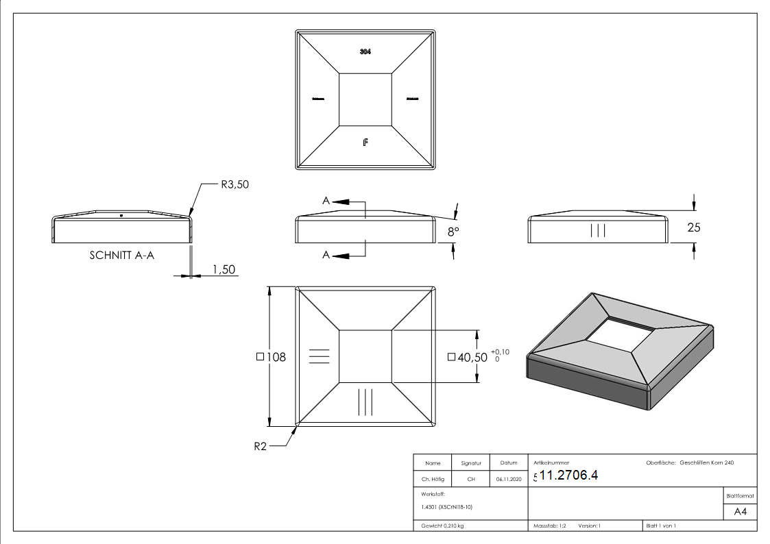 Abdeckrosette 108x108x25 mm fuer Vierkantrohr 40x40 mm V2A-11-2706.4