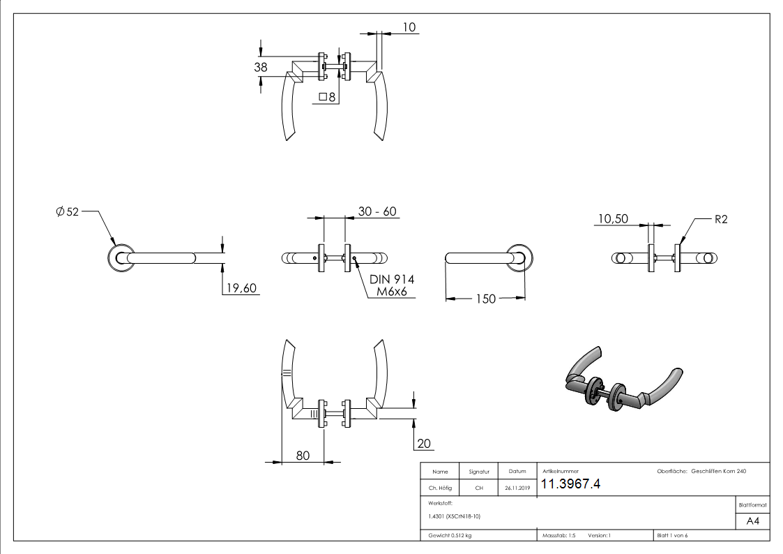 Tuerdrueckerpaar V2A  inklusive 8 mm Drueckerstift-11-3967.4