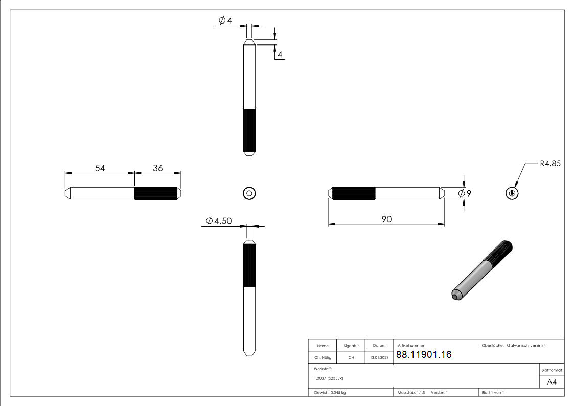 Verbindungsstift fuer Laufschiene mit Ø 16mm-88-11901.16