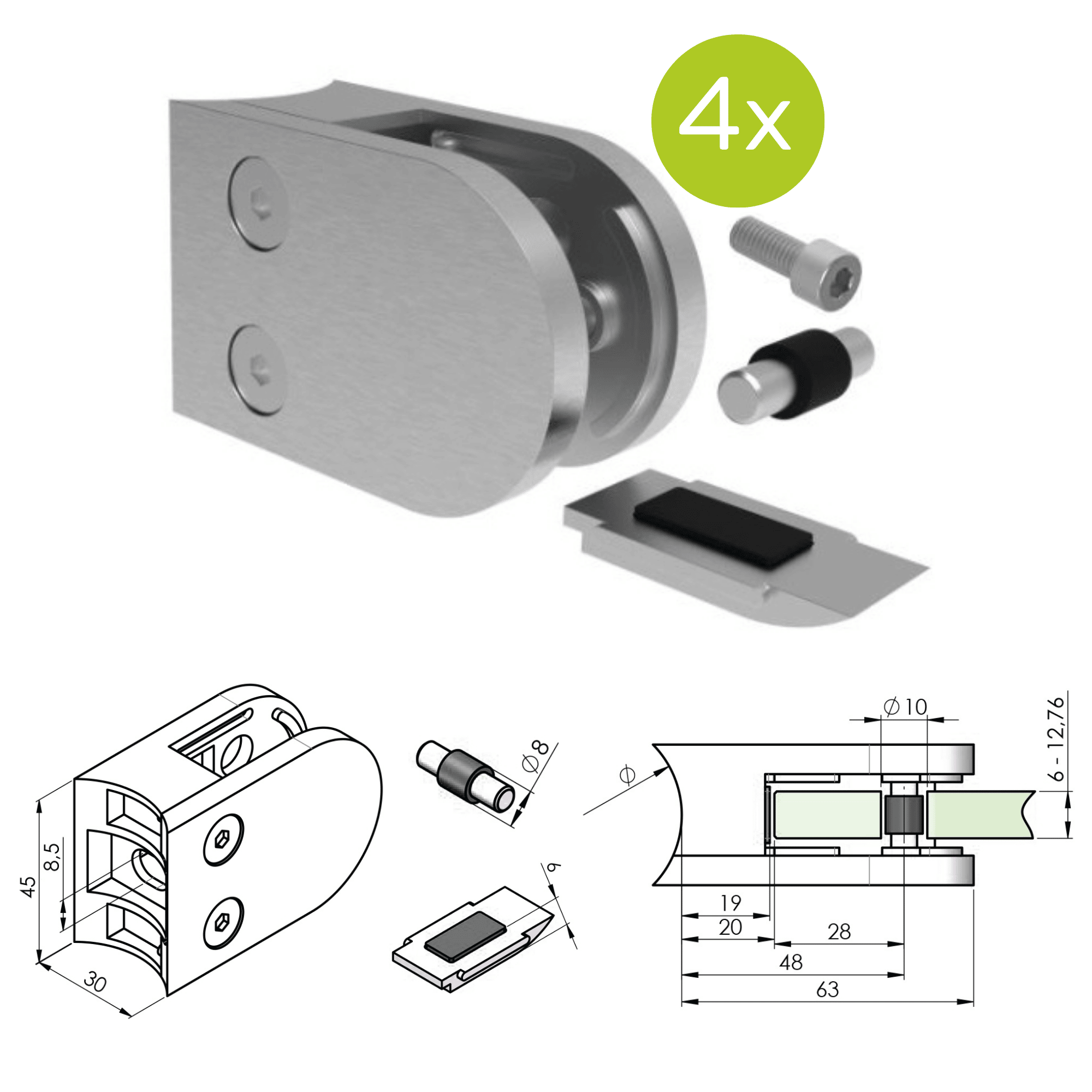 Glasklemme V2A fuer Rohr 42-4 mm 6 - 12-76 mm Glas halbrund 4er Set-89-11A250P042SET4-A.4