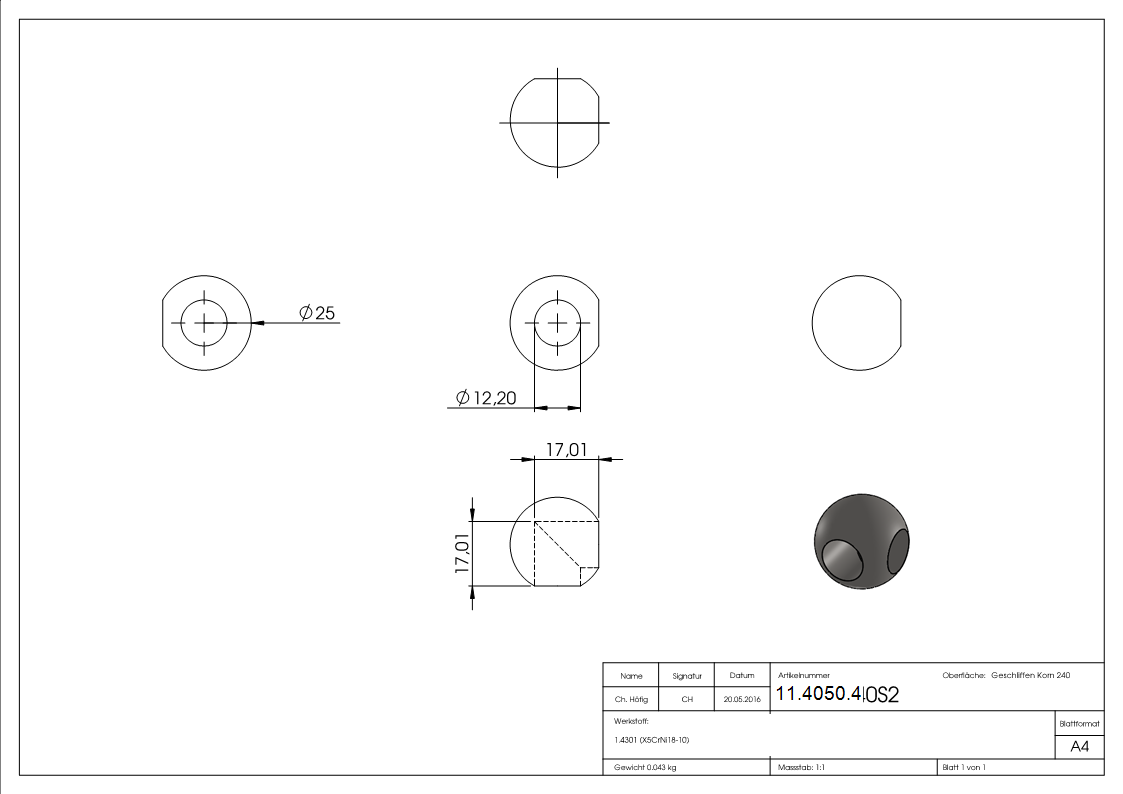 Kugel - Ø 25 mm - mit 2 x 90° Bohrungen 12-2 mm - V2A-11-4050.4
