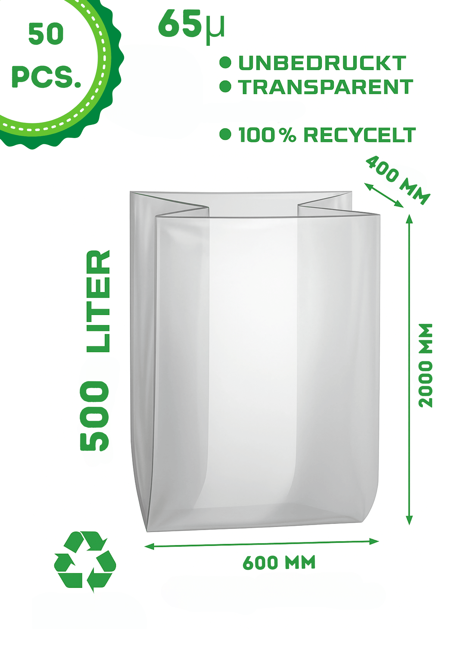 50 Stueck - Styroporsaecke 500 Liter Transparent 65my - Riesige Muellsaecke 200cm lang - Ideal fuer Daemmung - Bau-1SFB600-400X200065