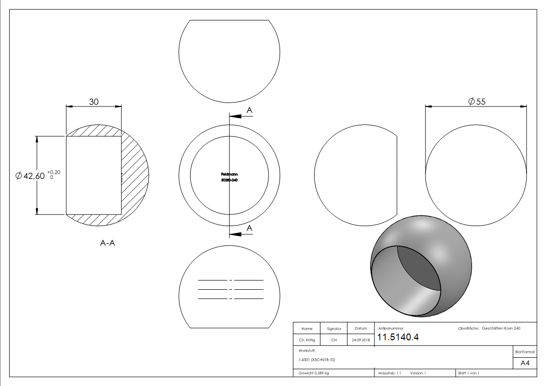 Rohrabschlusskugel V2A Vollmaterial fuer Ø 42-4 mm-11-5140.4