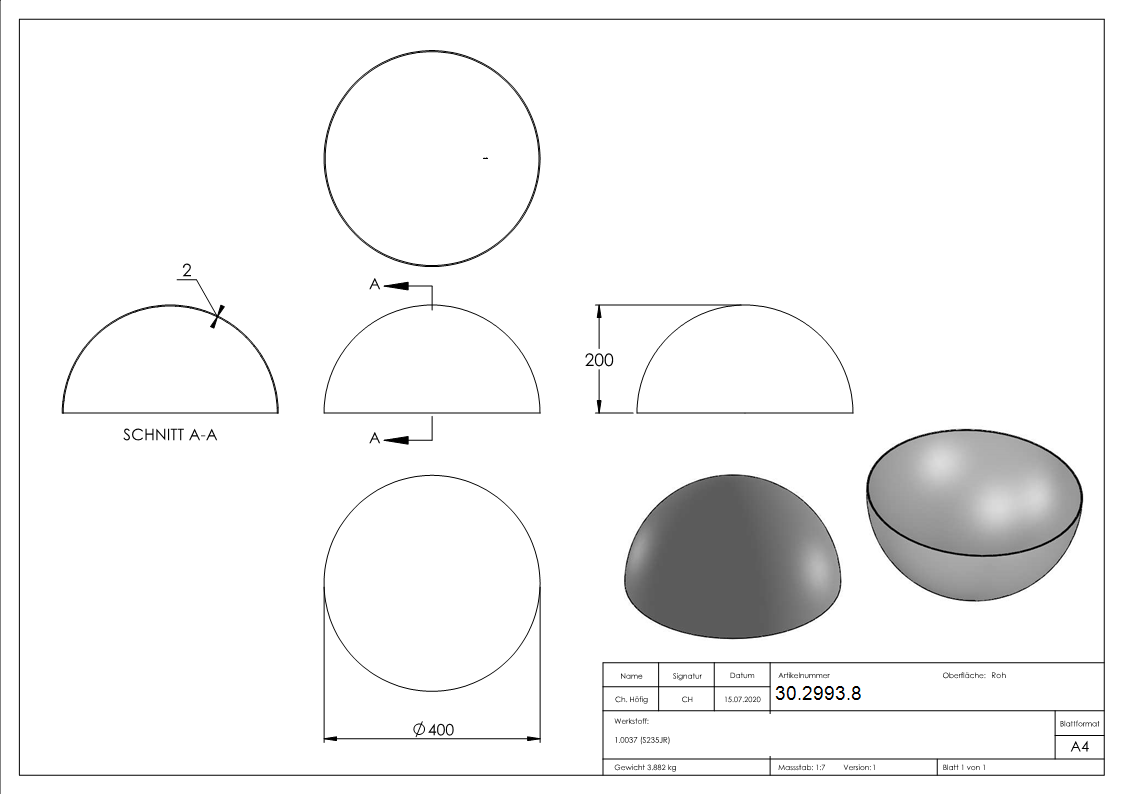 Halbhohlkugel Ø 400 mm - glatt - Stahl S235JR- roh-30-2993.8