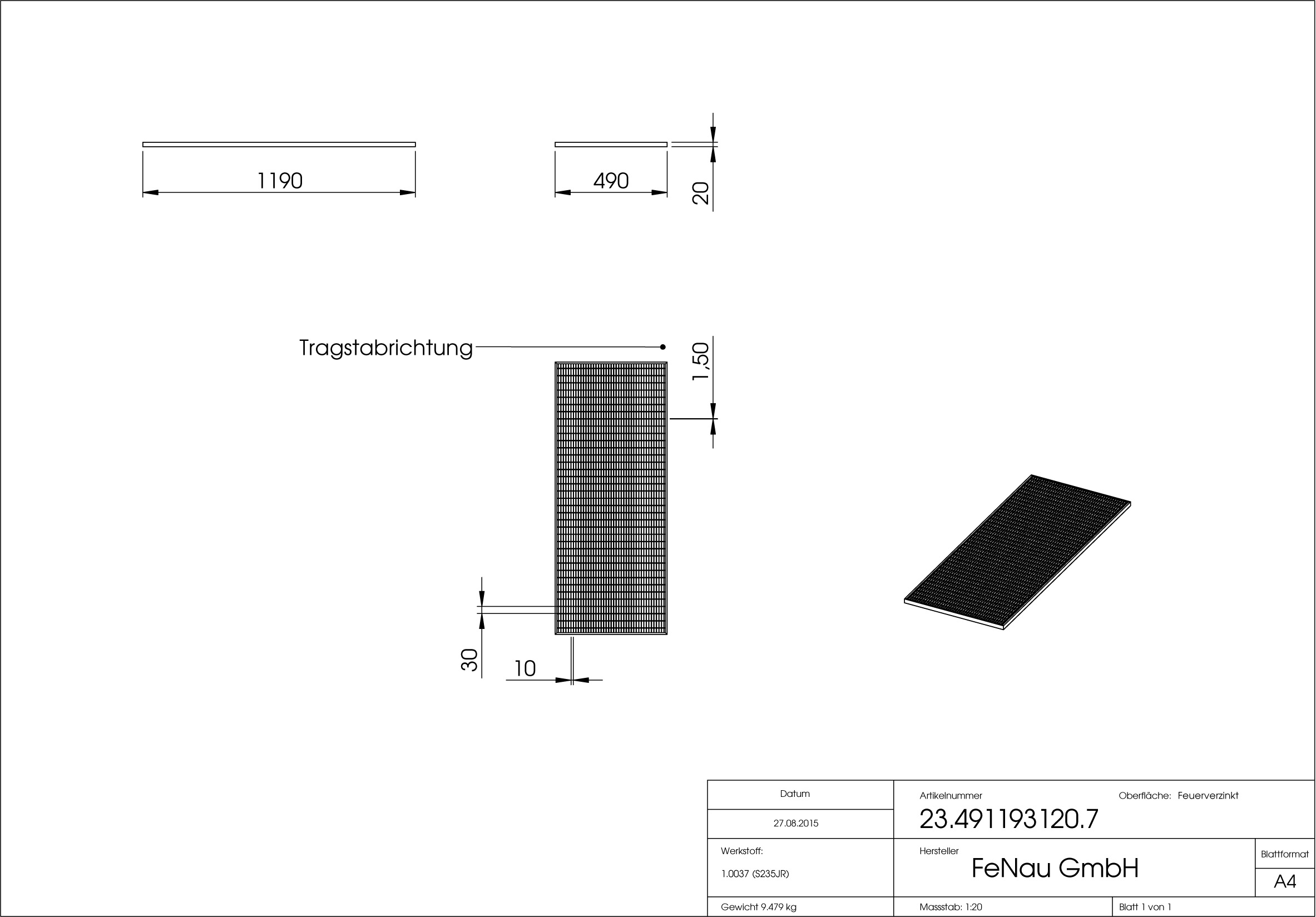 Lichtschachtrost Baunormrost - Masse-  490x1190x20 mm 30-10 mm - aus S235JR -St37-2- im Vollbad feuerverzinkt-23-491193120.7
