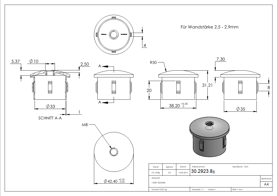 Stahlstopfen - leicht gewoelbt - mit M8 - fuer Rundrohr Ø 42-4x2-5-2-9 mm - Stahl S235JR- roh-30-2923.8