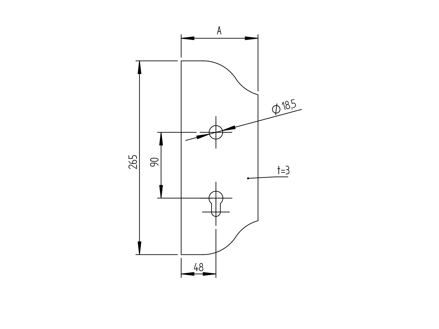 Schlossplatte Stahl 265x105 mm- Dicke 3 mm- Axial 90 mm- Loch Ø 19 mm- links dekoriert-89-11D114AL-A.4