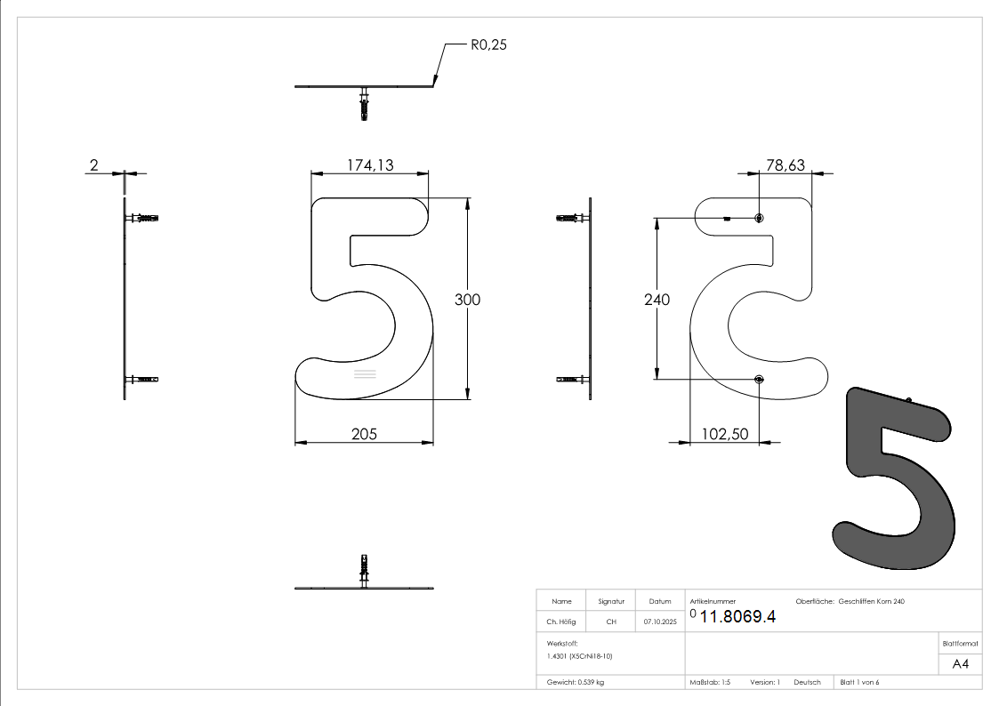 Hausnummer 5 - gross - Masse- 200 mm x 300 mm - V2A-11-8069.4