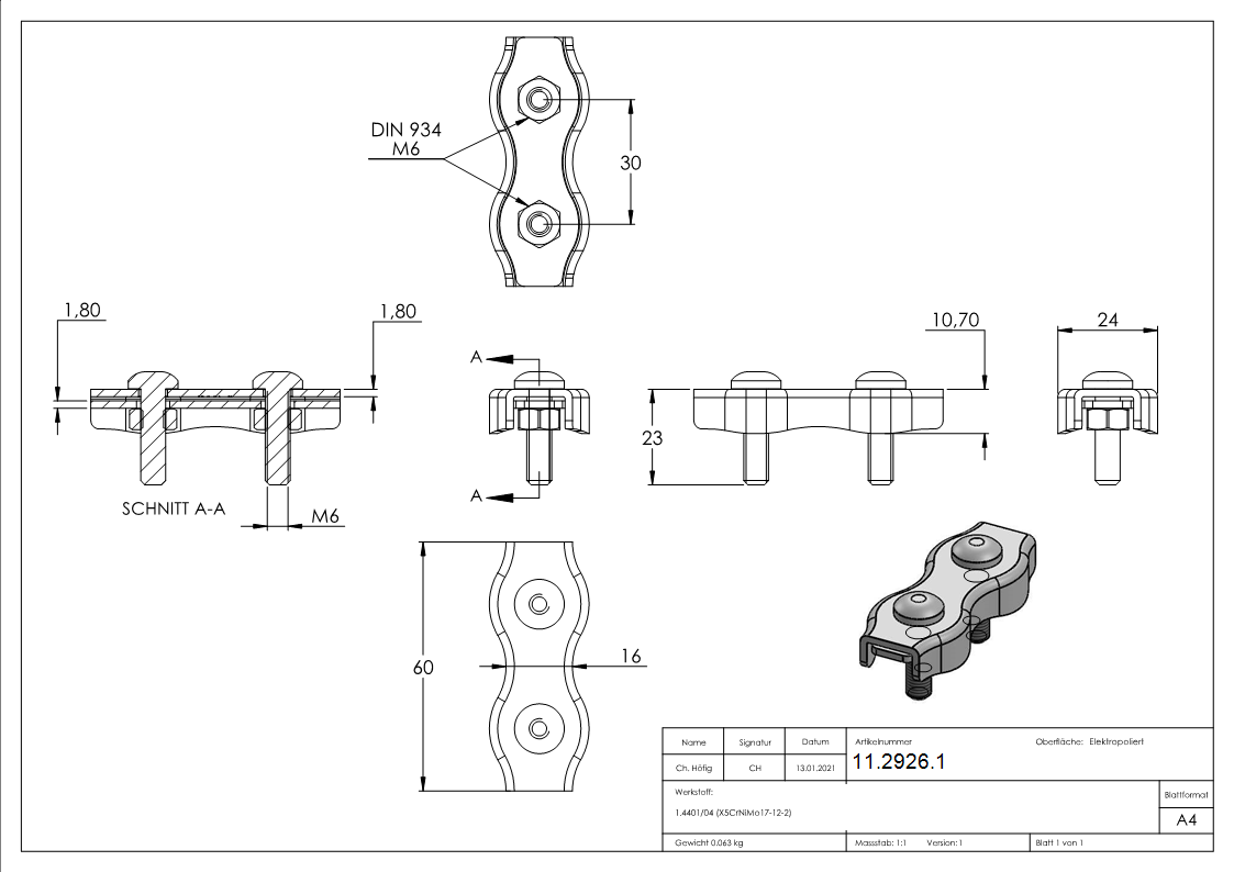 Duplexklemme - fuer Seil Ø 6 mm - V4A-11-2926.1