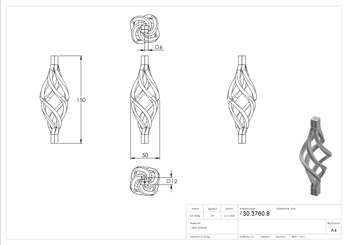 Zirbel - Masse- 150x50 mm - Material- 6x6 mm - Stahl -Roh- S235JR-30-3760.8