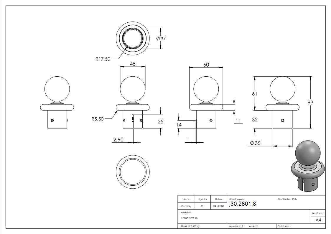 Kugelrohrknopf fuer Ø 42-4x2-5-2-9 mm - Stahl S235JR- roh-30-2801.8