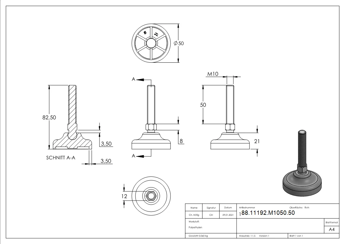 Schwerlast-Maschinenfuss M10 x 50-88-11192-M1050.50