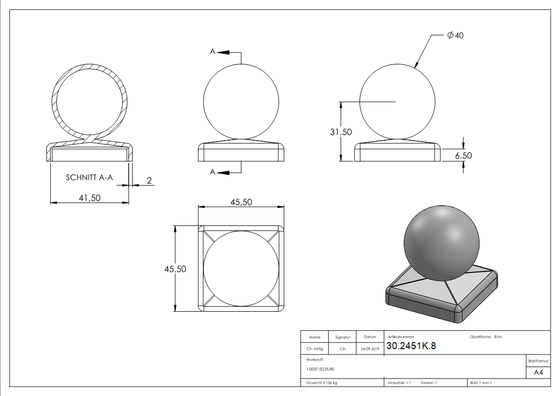 Pfeilerbedecker fuer Quadratrohr - 40x40 mm - mit Kugel Ø 40 mm - Stahl -Roh- S235JR-30-2451K.8