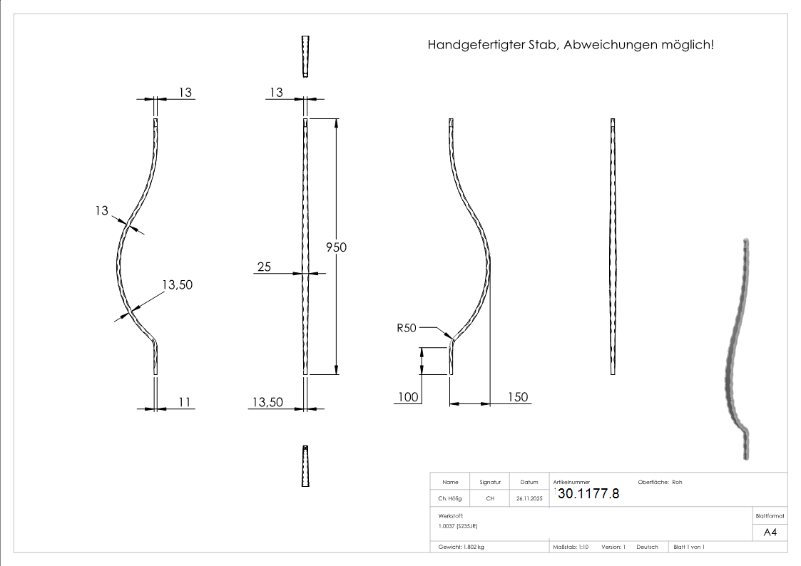 Bauchstab - Laenge- 945 mm - Material- 13x13 mm - Stahl S235JR- roh-30-1177.8