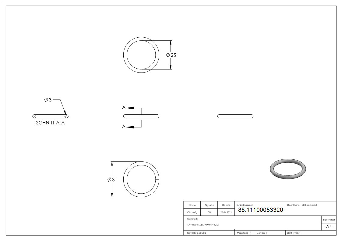 Ring Edelstahl V4A Ø 31 mm aus Rundmaterial Ø 3 mm verschweisst elektropoliert-88.11100053320