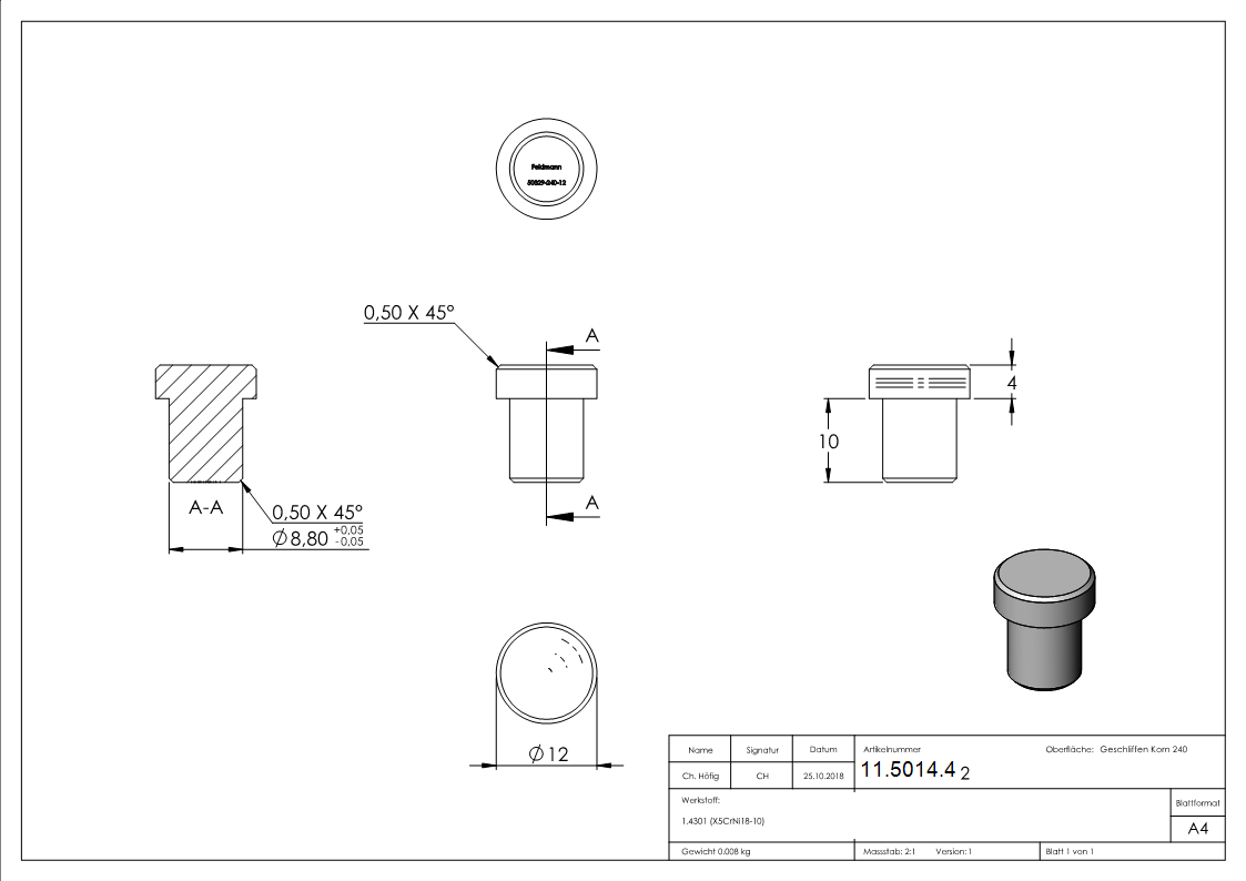 Einsteckkappe Edelstahl V2A Ø 12-0 mm fuer Rohr 1-5 mm Wandstaerke flach zum Einkleben-11-5014.4